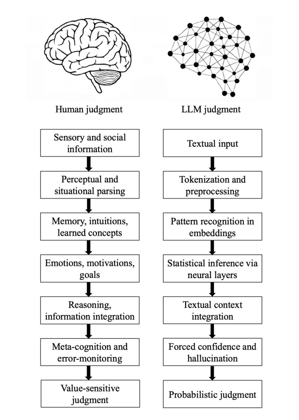 Walter Quattrociocchi, Valerio Capraro, Matjaž Perc: The human and LLM epistemic pipelines, each organized into seven corresponding stages - Creative Commons